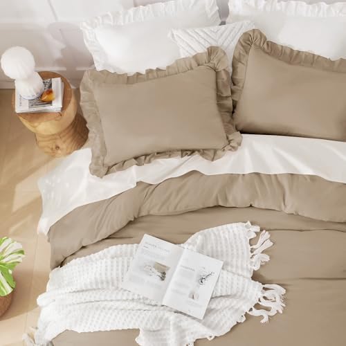 Andency Taupe Ruffle Comforter Twin Size, 2 Pieces Soft Bed Set