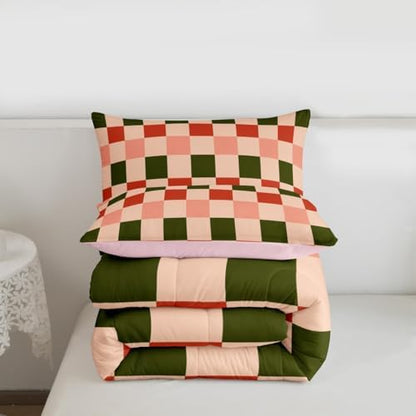 Checkered Geometric Bedding Set for Boys Girls Pink Green Red Plaid Comforter Set Full Size Checkerboard Modern Aesthetic Duvet Quilt Reversible Pink Bedroom Decor 3 Pcs with 2 Pillow Cases