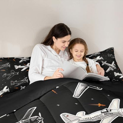 Erosebridal Boys Cartoon Airplane Twin Comforter Set, Black and White Bedding Set, Modern Aircraft Comforter, Aviation Theme Duvet Insert with 1 Pillowcase for Kids Men Bedroom Decor, 2 Pcs