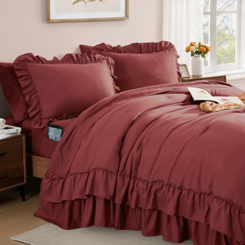 Queen Comforter Set Syrah Red Ruffle 7 Pieces Farmhouse Bed in a Bag
