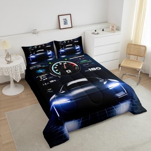 Erosebridal Teens Race Car Comforter Set Full Size, Kids Cool Speed Racing Car Quilt Set, Extreme Sport Bedding Set for Boys Youth Adult Bedroom, Black Automobile Quilted Duvet for Bedroom