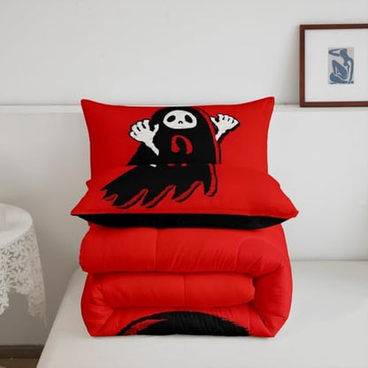 Manfei Cartoon Ghost Kids Comforter Set Full Size,Happy Halloween Gothic Trippy Bedding Set,Girls Boys Room Decor,Western Holiday Before Christmas Quilt Comforter,Red Black Duvet Insert,2 Pillowcases