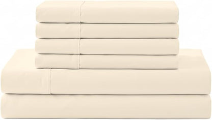 Linen Home 100% Cotton Percale Sheet Set, Queen Size, Ivory, Deep Pocket, 6 Pieces Set - 1 Flat, 1 Deep Pocket Fitted Sheet and 4 Pillowcases, Crisp Cool and Strong Bed Linen