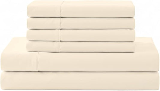 Linen Home 100% Cotton Percale Sheet Set, Queen Size, Ivory, Deep Pocket, 6 Pieces Set - 1 Flat, 1 Deep Pocket Fitted Sheet and 4 Pillowcases, Crisp Cool and Strong Bed Linen