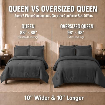 HIMEET Oversized Queen Comforter Sets, 7-Piece Point-Quilted, Dark Grey