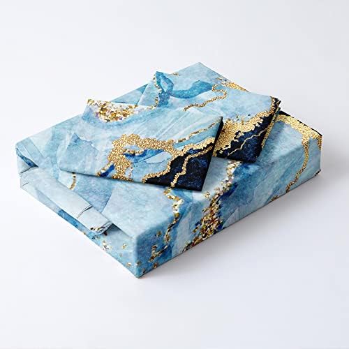 Royal Blue Marble Duvet Cover Set King Size Sequin Gold Bedding Comforter Covers with 2 Pillow Shams Breathable Durable Soft Comfy