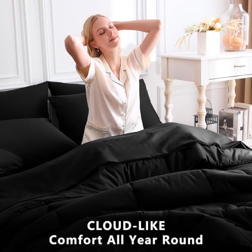 CozyLux King Size Comforter Set Black, 7 Pieces Bed in a Bag, Black Comforter King Size, All Season Bedding Sets with Stitch Quilted Comforter, Flat Sheet, Fitted Sheet, Pillowcases (Pack of 2)