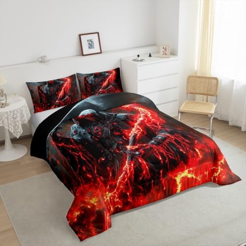 Human Skeleton Kids Comforter Set Full Size,Fire Skull Dark Clouds Gothic Western Bedding Set,Girls Boys Room Decor,Happy Halloween Trippy Quilt Comforter,Vintage Chic Duvet Insert,2 Pillowcases