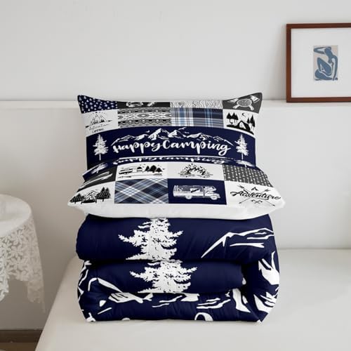 Castle Fairy Happy Camping Comforter Set Twin Size,RV Camper Adventure Tent Patchwork Bedding Set for Kids Boys Men,Farm Lake Cabin Arrow Hunt Blue Check Quilted Duvet Set with 1 Pillowcase