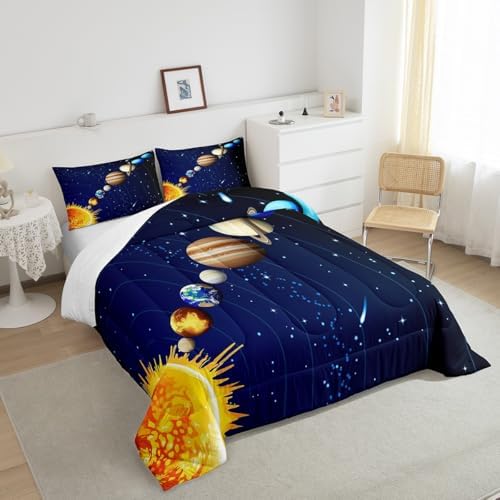 Erosebridal Boys Outer Space Down Comforter, Kids Galaxy Nebula Comforter Set King Size, Starry Sky Cosmos Bedding Set for Children Girls, Solar System Starry Landscape Quilted Duvet, Blue Purple