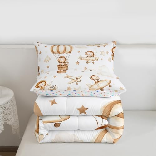 Erosebridal Kids Airplane Comforter Set Toddler, Cartoon Aircraft Bedding Set, Hot Air Balloon Star Cloud Comforter, Cute Monkey Lion Wildlife Quilt for Boys Girls Teens Adults Bedroom