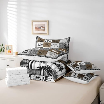 Erosebridal 7 Piece Kids Camping Comforter Set Twin,Rv Camper Bedding Set for Bunks Travel Trailers,Patchwork Buffalo Plaid Bed in a Bag with Sheets,Woodland Pine Tree Bed Set with Pillowcases