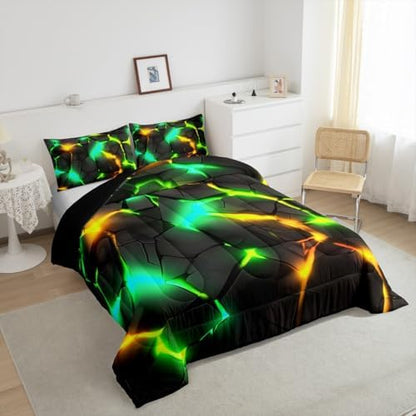 Feelyou Kids Green Yellow Honeycomb Comforter Set Queen Size, Hexagonal Bedding Set Beehive Duvet Insert Boys Girls Teens Bedroom Decor with 2 Pillow Case