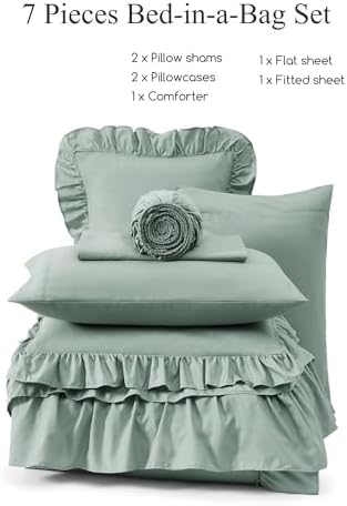 Oversized Queen Comforter Set Sage Green Ruffle 7 Pieces Bed in a Bag