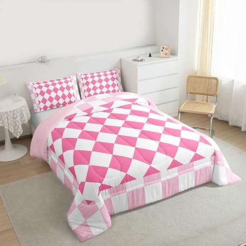 Feelyou Checkered Geometric Kids Comforter Set Twin Size Pink Plaid Bedding Set Checkerboard Modern Aesthetic Duvet Quilt for Kids Boys Girls Bedroom Reversible Pink Decor