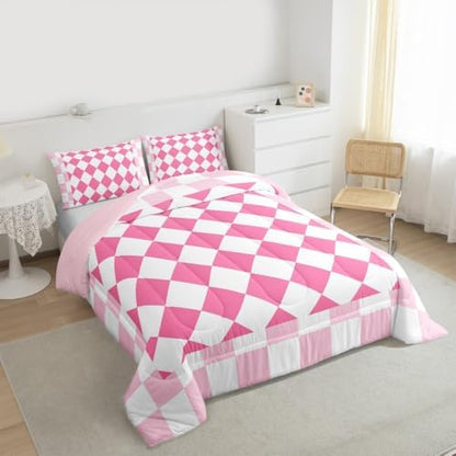 Feelyou Checkered Geometric Kids Comforter Set Twin Size Pink Plaid Bedding Set Checkerboard Modern Aesthetic Duvet Quilt for Kids Boys Girls Bedroom Reversible Pink Decor
