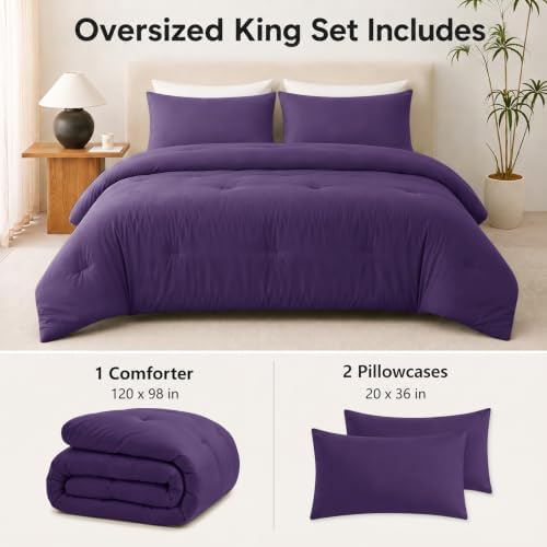 CozyLux Oversized King Comforter Set, 3 Pieces Purple Quilted Bedding