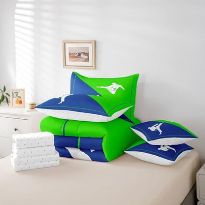 Castle Fairy Teens Adult Taekwondo Comforter Set King Size 7 Pcs Blue Green Bedding Set with Comforter,Sheet Set,Pillowcase and Sham Japanese Style Bed Set Kungfu Bedding for Room Decorative