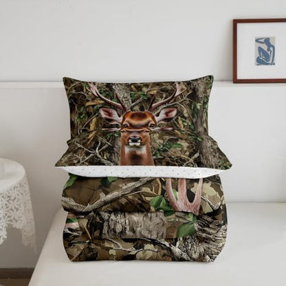 Feelyou Camo Deer Comforter Set Twin Size Deer Antlers Army Camouflage Bedding Set Boys Girls Wild Animal Hunting Comforter Set Forest Branches Duvet Insert Bed Set 2Pcs