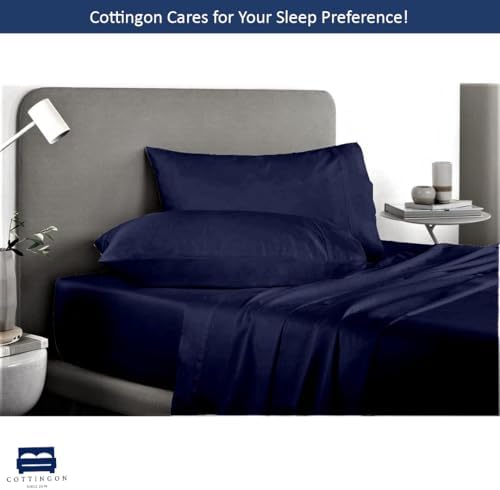 Cottingon 5 PC Split King Sheets Fits 16" Deep, Egyptian Cotton, Navy Blue