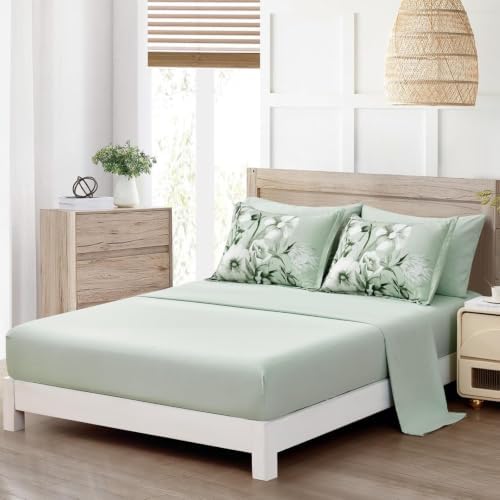 Luxudecor Floral Comforter Set King Size 7 Piece, Sage Green Flower Bed in a Bag, Elegant Floral Comforter Bed Set with Sheet Set, Soft Microfiber Bedding Set for All Season (104"x90")