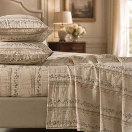 FADFAY 100% Cotton Twin XL Bed Sheet Set for College Dorms, Woven Jacquard Floral, Soft & Breathable, Deep Pocket Fitted Sheet, Envelope Pillowcase, Luxury Farmhouse & Cottagecore Bedding 4Pcs