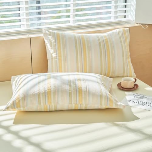 Mucalis Yellow Striped Duvet Cover Set Queen 100% Washed Cotton Bedding Duvet Cover Full Colorful Striped Pattern Modern 3 Piece Bedding Set with Zipper Closure Corner Ties,Breathable Comfortable