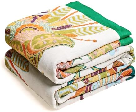 VANJOROY Boho Throw Blanket, 100% Organic Cotton Breathable Skin-Friendly Ultra Soft Bed Quilt Throw - All Season Floral Bird Farmhouse Décor Luxury Blanket for Sofa Couch Chair and Gift. 50" x 60"