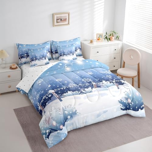 Erosebridal Cartoon Winter 7 Pcs Comforter Set King, Snowflakes Bedding for Children, Xmas Mystical Wonderland Starry Sky Night Bed in A Bag Sheet Set, Blue New Year Holiday Shiny Coniferous Quilt