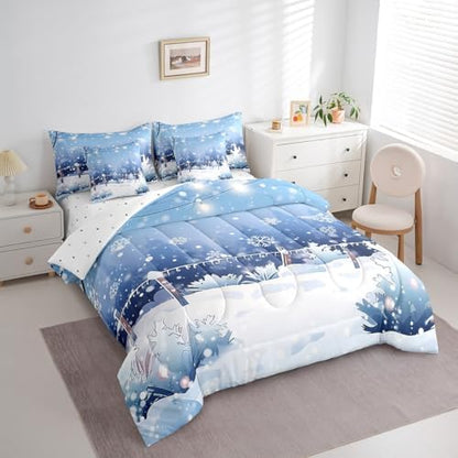 Erosebridal Cartoon Winter 7 Pcs Comforter Set King, Snowflakes Bedding for Children, Xmas Mystical Wonderland Starry Sky Night Bed in A Bag Sheet Set, Blue New Year Holiday Shiny Coniferous Quilt
