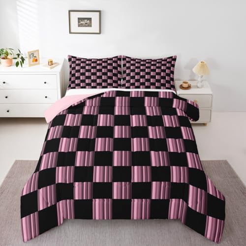 Feelyou Checkered Kids Comforter Set King Size Abstract Ombre Bedding Set Modern Geometric Pink Black Duvet Quilt for Kids Boys Girls Bedroom Cute Neutral Aesthetic Plaid Decor