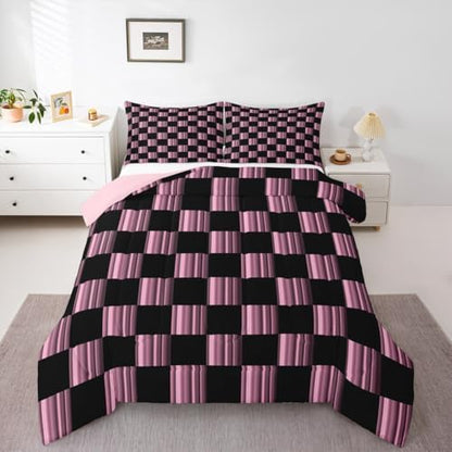 Checkered Kids Comforter Set Full Size Abstract Ombre Bedding Set Modern Geometric Pink Black Duvet Quilt for Kids Boys Girls Bedroom Cute Neutral Aesthetic Plaid Decor