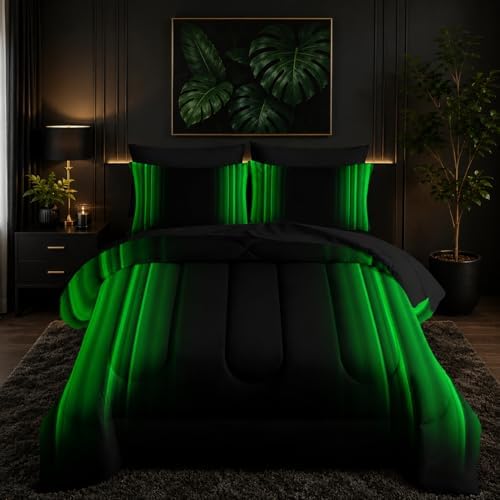 Nttopship Green and Black Bedding Set Twin Size Abstract Ombre Comforter Set Bedding Set 7 Piece in A Bag,Dark Quilt Set Mordern Art Decor All Seasons with Pillowcases,Flat, Fitted Sheet