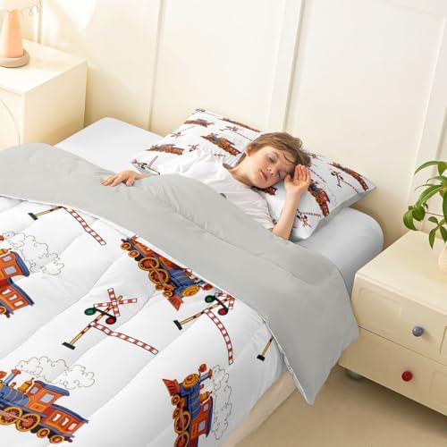 Feelyou Yellow Vintage Train Comforter Set Toddler Size Retro Steam Locomotive Down Bedding Set for Kids Boys Girls Transportation Vehicles Duvet Quilt Bedroom Decor 2 Pcs with 1 Pillow Case