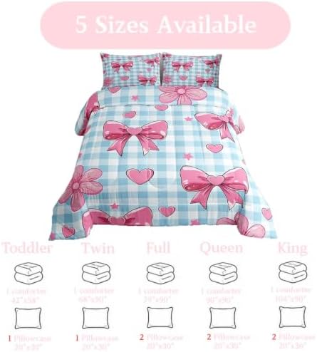 jejeloiu Bowknot Kids Comforter Set Toddler Size Checkerboard Bedding Set Blue Pink Bow Duvet Quilt for Kids Boys Girls Bedroom Plaid Decor Microfiber Ultra Soft Breathable