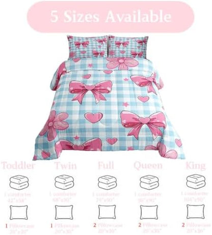 jejeloiu Bowknot Kids Comforter Set Toddler Size Checkerboard Bedding Set Blue Pink Bow Duvet Quilt for Kids Boys Girls Bedroom Plaid Decor Microfiber Ultra Soft Breathable