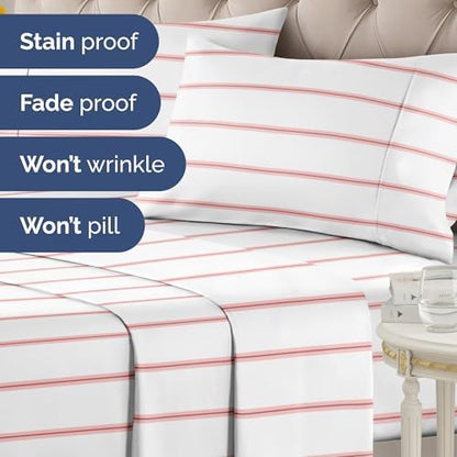 Full 4 Piece Striped Sheet Set - Soft, Breathable & Cooling - Red Stripe