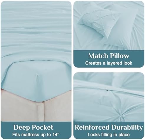 JOLLYVOGUE Queen Comforter Set 7 Pieces - Bed in a Bag Queen for All Season, Pintuck Bedding Comforter Sets with Comforter, Flat Sheet, Fitted Sheet and Pillowcases & Shams, Light Blue