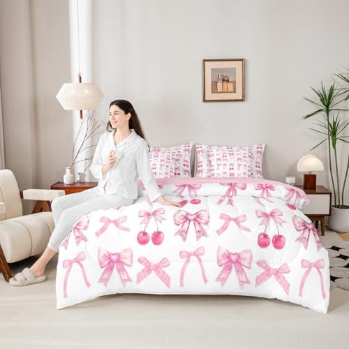 White Cherry Bow Full Size Bed Sheets and Comforter Set, Cute Silk Ribbon Bowknot 7 Piece Bedding Set Princess Bow Tie Bed in a Bag, Dreamy Kawaii Room Decor,Girly Light Pink Room Decor Aesthetic
