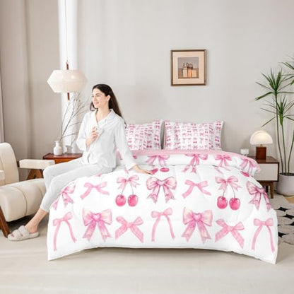 White Cherry Bow Full Size Bed Sheets and Comforter Set, Cute Silk Ribbon Bowknot 7 Piece Bedding Set Princess Bow Tie Bed in a Bag, Dreamy Kawaii Room Decor,Girly Light Pink Room Decor Aesthetic