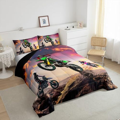 Dirt Bike Comforter Set for Boys Bedroom Motocross Rider Extreme Sports Duvet Insert Mountain Bike Bedding Quilted Set Kids Motorcycle Motorbike Down Comforter,Soft Lightweight for All Season,Full