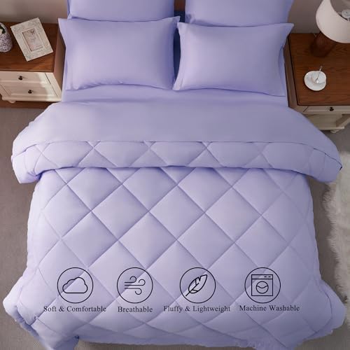 ELNIDO QUEEN® Full Comforter Set Light Purple, 7 Pieces Bed in a Bag Full Size, Bed Set for All Seasons, Lavender Bedding Sets with Comforter, Flat Sheet, Fitted Sheet, Pillowcases and Pillow Shams