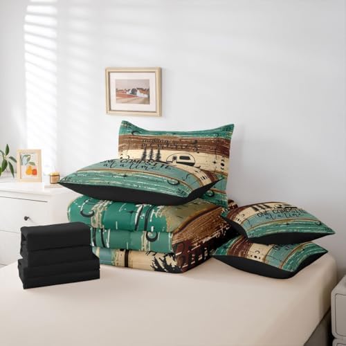 Erosebridal Camper Decor 7 Piece Twin Bed Set - Includes Comforter & Sheet Set Happy Camping Bedding - Rustic Farmhouse Vintage Wooden Door Bedding Comforter Sets for Kids Teens Adult, Green Brown