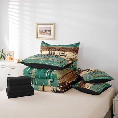 Erosebridal Camper Decor 7 Piece Full Bed Set - Includes Comforter & Sheet Set Happy Camping Bedding - Rustic Farmhouse Vintage Wooden Door Bedding Comforter Sets for Kids Teens Adult, Green Brown