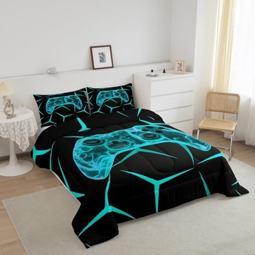 Castle Fairy Geometric Honeycomb Bed Comforter Set Queen Size,Boys Game Super Soft Microfiber Bedding Set for Girls Boys,Video Games Decorative Quilter Set
