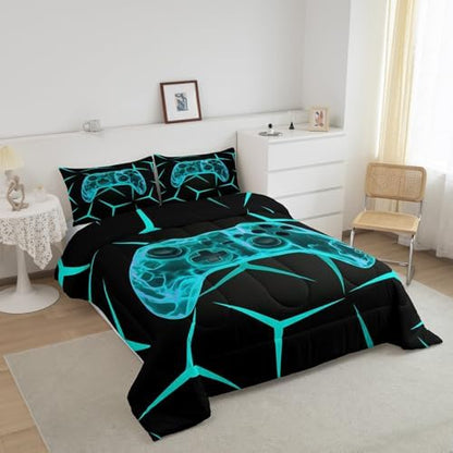Castle Fairy Geometric Honeycomb Bed Comforter Set Queen Size,Boys Game Super Soft Microfiber Bedding Set for Girls Boys,Video Games Decorative Quilter Set