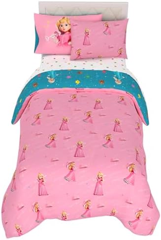 The Super Mario Galaxy Movie Bedding Set, Twin Size 5 Piece Set Kids Super Soft Cozy Reversible Comforter and Sheet Set with Sham, Princess Peach (100% Officially Licensed Product) by Franco