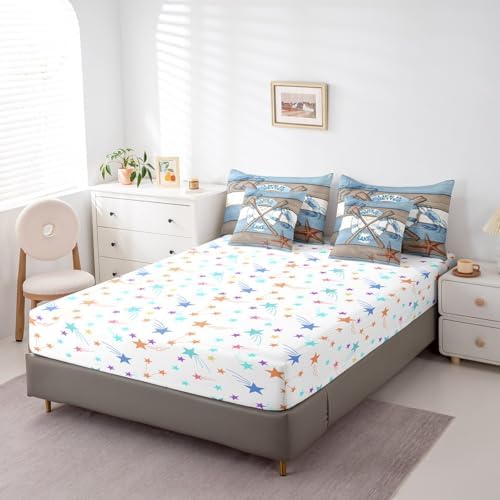 Erosebridal Lake Life Bedding Set for Kids Teens,Hawaii Boat Paddle Comforter Set King Size,Crab Starfish (Comforter+Fitted+Flat Sheet+2 Pillowcases+2 Throw Pillow Covers) 7 Pieces Bed Set