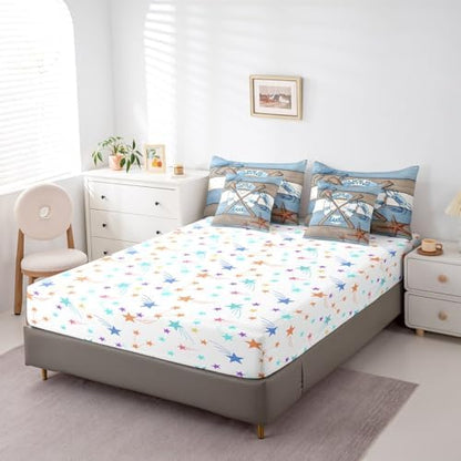 Erosebridal Lake Life Bedding Set for Kids Teens,Hawaii Boat Paddle Comforter Set King Size,Crab Starfish (Comforter+Fitted+Flat Sheet+2 Pillowcases+2 Throw Pillow Covers) 7 Pieces Bed Set
