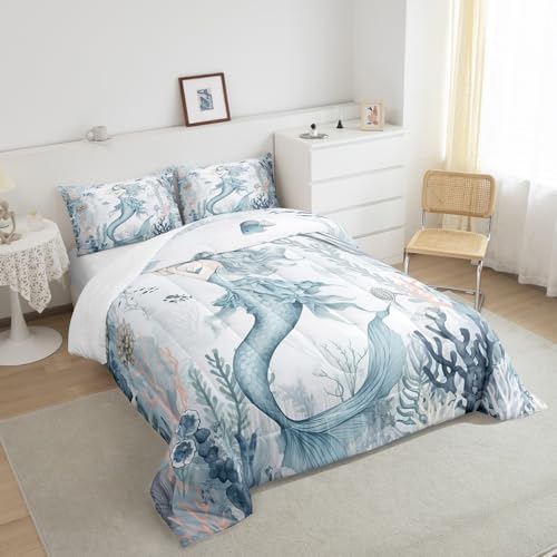 Homewish Cartoon Mermaid Comforter Set Queen Size,Blue Coral Shell Fish Quilt Set 3Pcs for Kids Girls Woman Teens Room Decor,Watercolor Sea Life Bedding Set Fantasy Mermaid Duvet Insert,2 Pillowcases